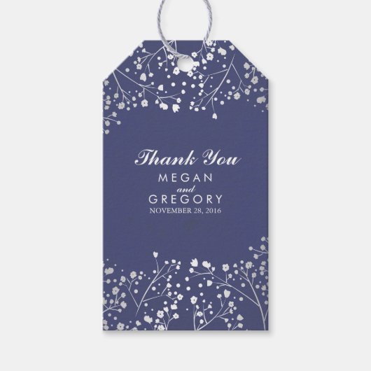 Baby's Breath Silver en Navy Bruiloft Cadeaulabel (Voorkant)