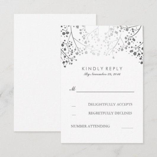 Baby's Breath Silver Floral bruiloft RSVP Kaarten Kaartje (Voorkant / Achterkant)