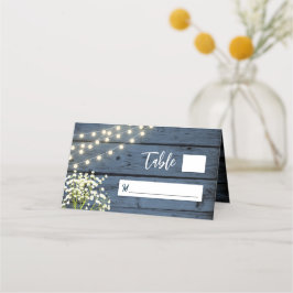 Baby's Breath & String Lights Blauw Hout Bruiloft Plaatskaartje