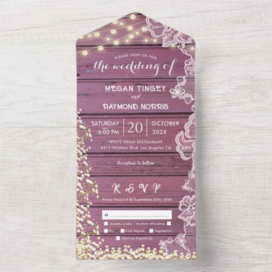 Baby's Breath & String Lights Hout Paarse All In One Uitnodiging (Binnen)