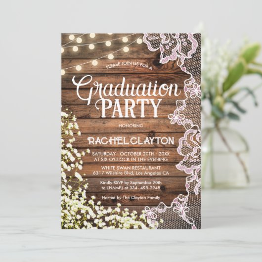 Baby's Breath String Lights & Lace Afstuderen Kaart (Staand voorkant)