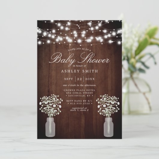 Baby's Breath String Lights Rustic Baby shower Kaart (Staand voorkant)