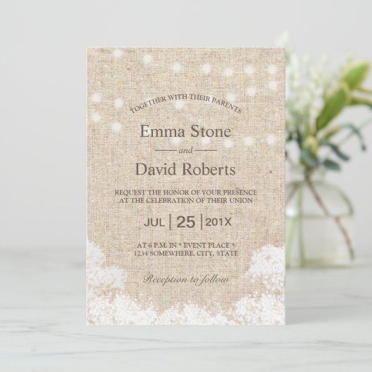 Baby's breath & String Lights Rustic Wedding Kaart (Staand voorkant)