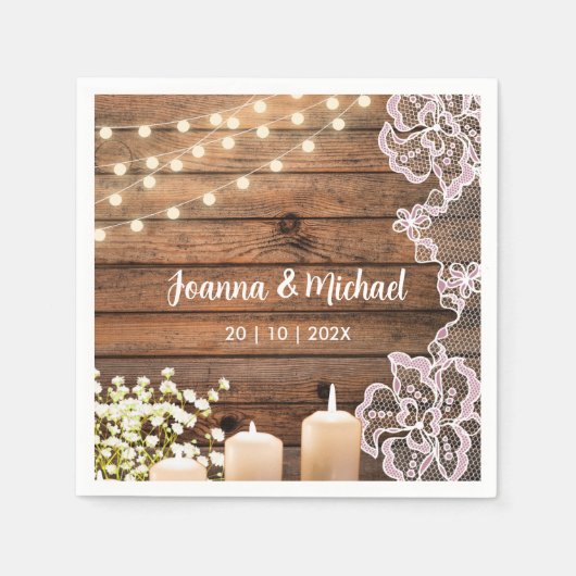 Baby's Breath & String Lights Rustieke Houten Brui Servet (Voorkant)