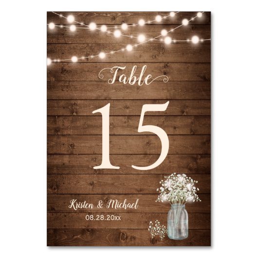 Baby's Breath String Lights Wedding Table Number Kaart (Achterkant)