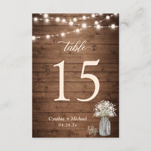 Baby's Breath String Lights Wedding Table Number RSVP Kaartje (Voorkant)