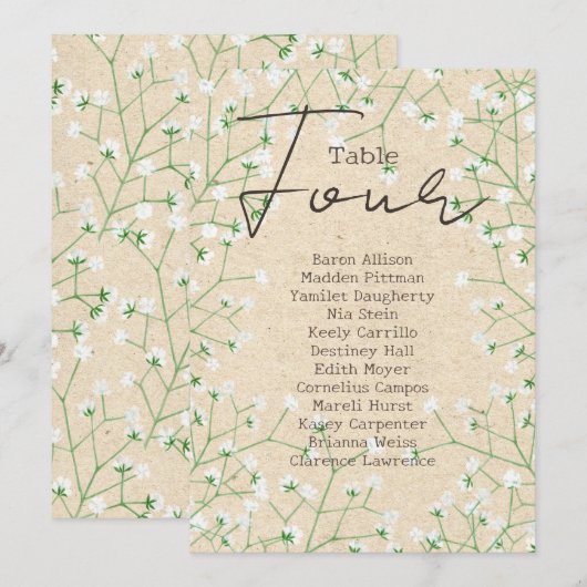 Baby's Breath Trouwtafel Nummer Stoelenindeling 4 Kaart (Voorkant / Achterkant)