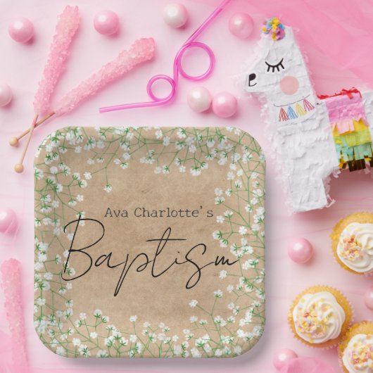 Baby's Breath Waterverf Cute Bloem Boho Doop Papieren Bordje (Feest)