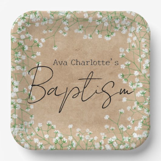 Baby's Breath Waterverf Cute Bloem Boho Doop Papieren Bordje (Voorkant)