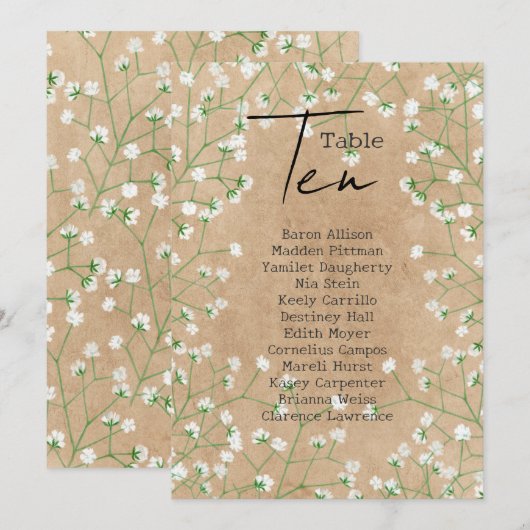 Babys Breath Wedding Table Number Zating Chart 10 Kaart (Voorkant / Achterkant)