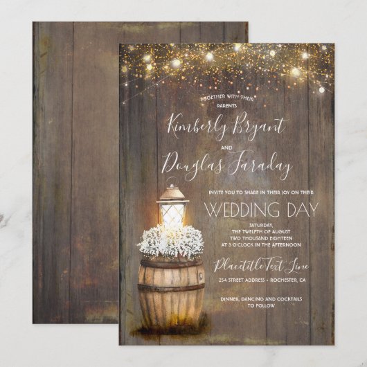 Baby's Breath Wine Barrel Rustieke Lantaarn Bruilo Kaart (Voorkant / Achterkant)