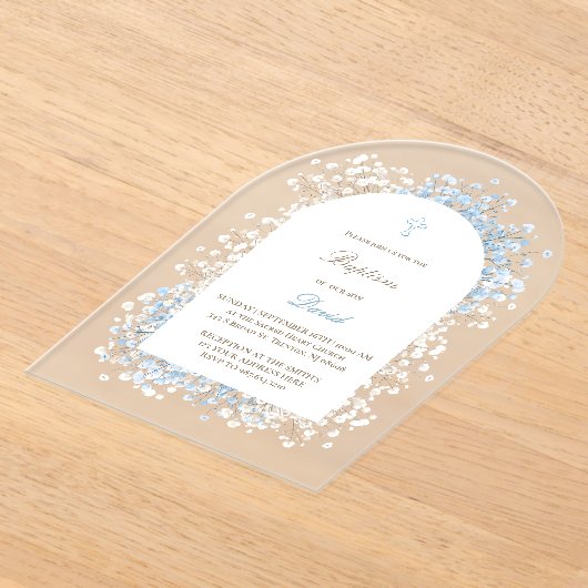 Baby's Breath wit blauw baby jongen Doop Acryl Uitnodigingen (Laagn)