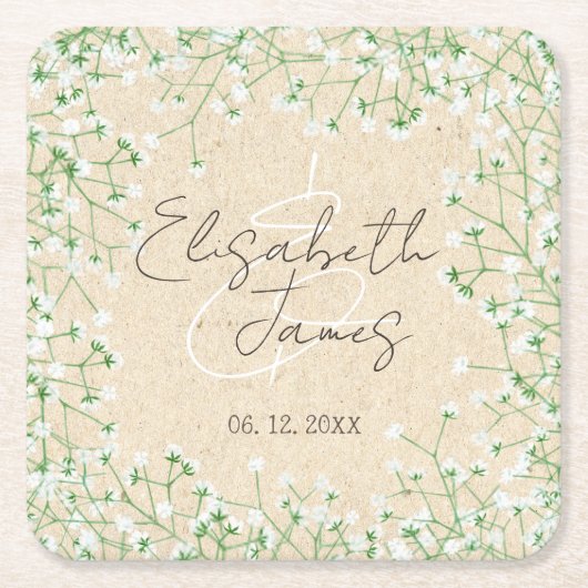 Baby's Breath Witte Bloemen Rustieke Boho Bruiloft Kartonnen Onderzetters (Voorkant)