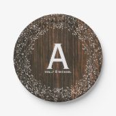 Baby's Breath Wood Geïnspireerd Monogram Bruiloft Papieren Bordje (Voorkant)