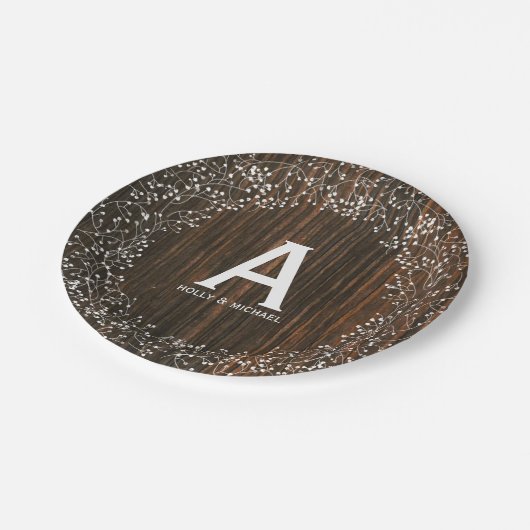 Baby's Breath Wood Geïnspireerd Monogram Bruiloft Papieren Bordje (Gekanteld)