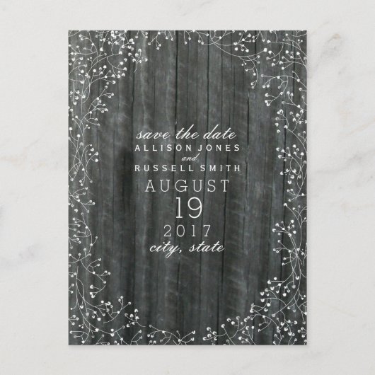 Baby's Breath Wood Geïnspireerd Save The Date Aankondigingskaart (Voorkant)