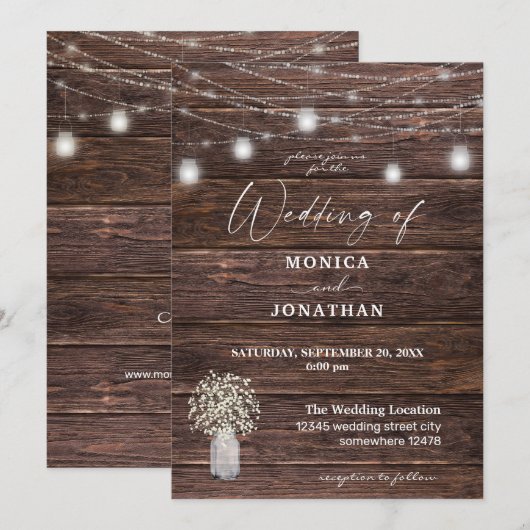 Baby's Breath Wood & Mason Jar String Lights Kaart (Voorkant / Achterkant)