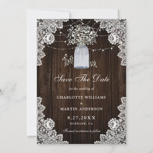 Baby's Breath Wood Mason Jar String Lights Wedding Save The Date (Voorkant)