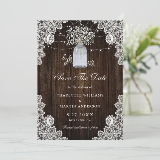 Baby's Breath Wood Mason Jar String Lights Wedding Save The Date (Staand voorkant)