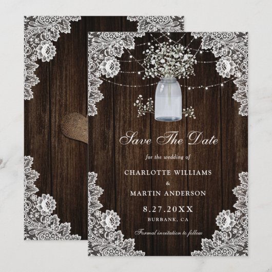 Baby's Breath Wood Mason Jar String Lights Wedding Save The Date (Voorkant / Achterkant)