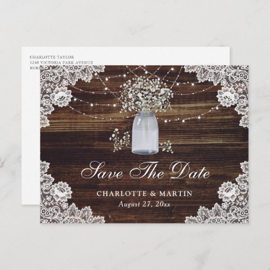 Baby's Breath Wood Mason Jar Wedding Save The Date Aankondigingskaart (Voorkant / Achterkant)