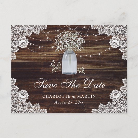 Baby's Breath Wood Mason Jar Wedding Save The Date Aankondigingskaart (Voorkant)