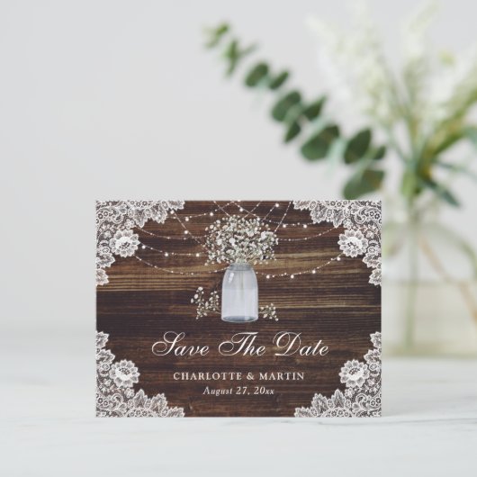 Baby's Breath Wood Mason Jar Wedding Save The Date Aankondigingskaart (Staand voorkant)