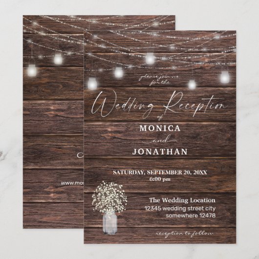 Baby's Breath Wood String Lights Wedding Reception Kaart (Voorkant / Achterkant)