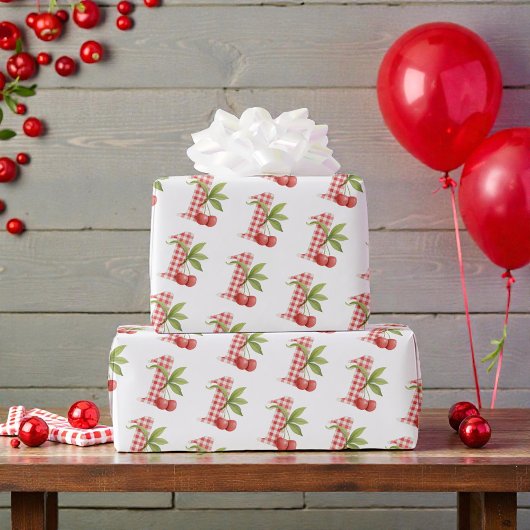 Baby's Cherry Eerste Verjaardag met Rood Gingham Cadeaupapier
