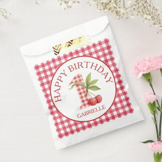 Baby's Cherry First Red Gingham Birthday Bedankzakje (Gezegeld)
