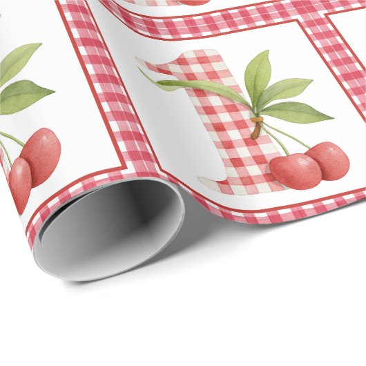 Baby's Cherry First Red Gingham Birthday Cadeaupapier (Rol Hoek)