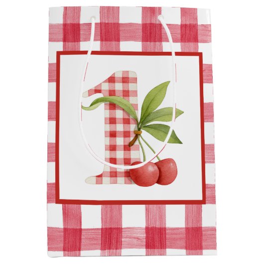 Baby's Cherry First Red Gingham Birthday Medium Cadeauzakje (Voorkant)