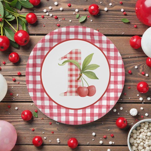 Baby's Cherry First Red Gingham Birthday Papieren Bordje