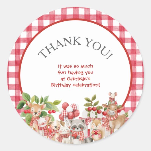 Baby's Cherry First Red Gingham Birthday Ronde Sticker (Voorkant)