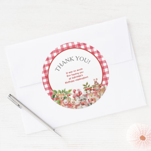 Baby's Cherry First Red Gingham Birthday Ronde Sticker (Envelop)