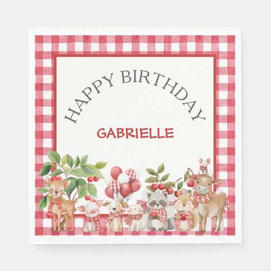 Baby's Cherry First Red Gingham Birthday Servet (Voorkant)