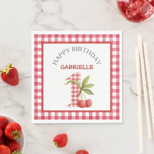Baby's Cherry First Red Gingham Birthday Servet (Insitu)