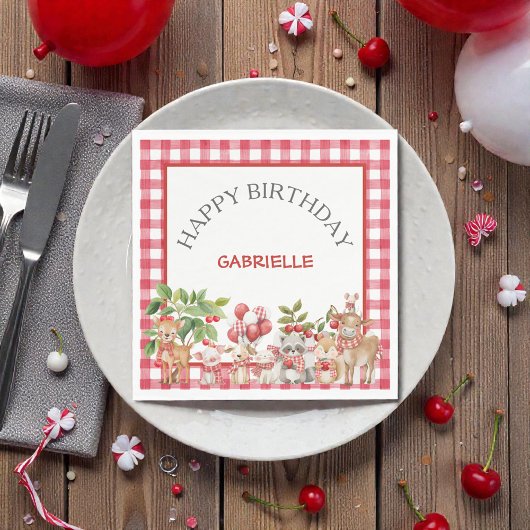 Baby's Cherry First Red Gingham Birthday Servet