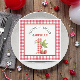 Baby's Cherry First Red Gingham Birthday Servet