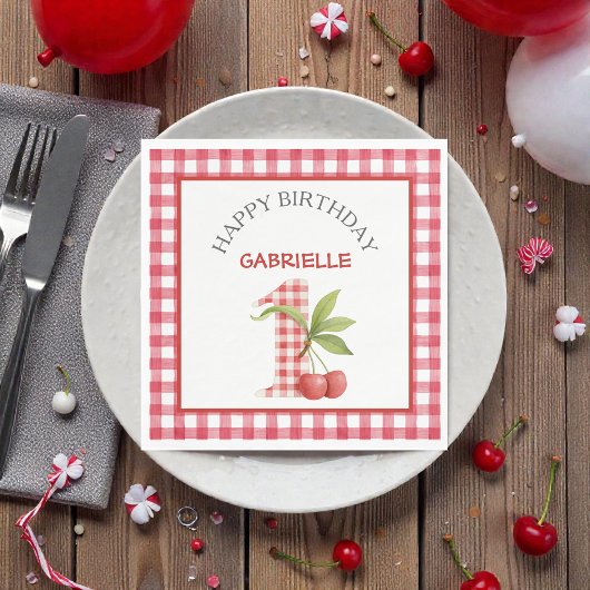 Baby's Cherry First Red Gingham Birthday Servet