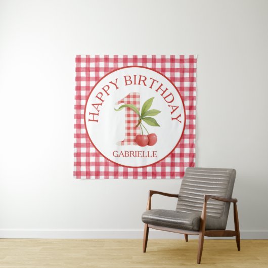 Baby's Cherry First Red Gingham Birthday  Wandkleed (In situ)