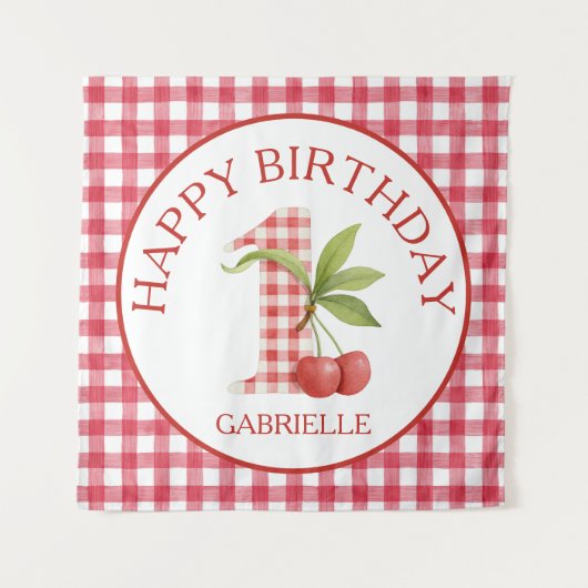 Baby's Cherry First Red Gingham Birthday Wandkleed (Voorkant)