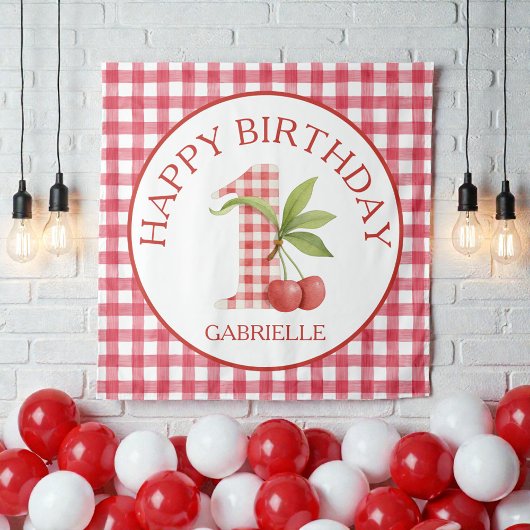 Baby's Cherry First Red Gingham Birthday Wandkleed