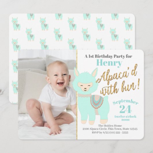 Baby's eerste alpaca-verjaardagsfeestje met foto kaart (Voorkant / Achterkant)