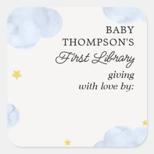 Baby's Eerste Bibliotheek Bookplate Blauwe Wolken Vierkante Sticker