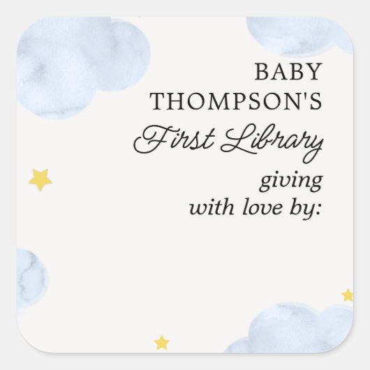 Baby's Eerste Bibliotheek Bookplate Blauwe Wolken Vierkante Sticker (Voorkant)