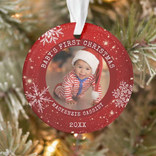 BABY'S EERSTE CHRISTMAS Red White Snowflake 2 Foto Ornament (Boom)