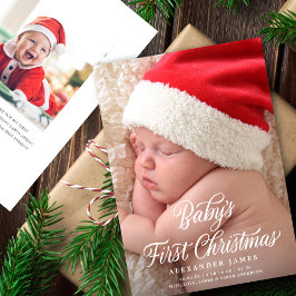Baby's eerste elegante kerstscript twee foto's feestdagenkaart