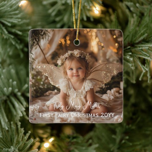 Baby's eerste Fairy Christmas Photo Keepsake Gift Keramisch Ornament (Boom)