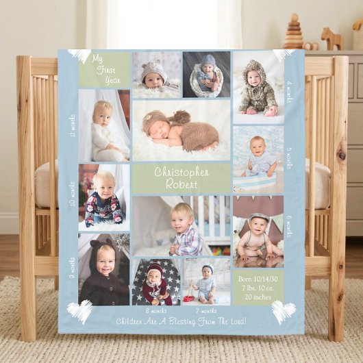 Baby's Eerste Jaar 12 Foto Collage Harten Script Fleece Deken